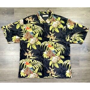 Tommy Bahama Vtg Mens Hawaiian Shirt Black w/ Parrots & Floral Size XL 100% Silk